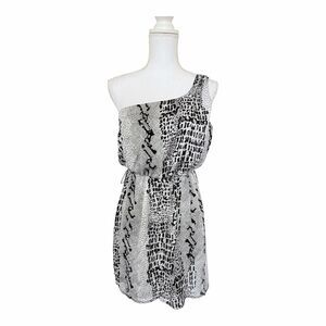 Vintage Y2K Bebe One-Shoulder Grey Snake Print Blouson Party Dress - Size M